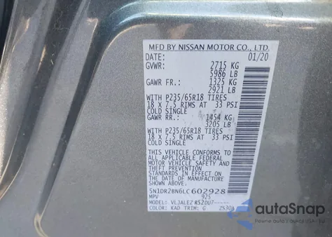 2020 Nissan Pathfinder Sv 2Wd from USA, damaged, VIN 5N1DR2BN6LC602928